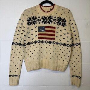 Polo Ralph Lauren US Flag Logo 100% Cotton Sweater White Sz L 90s Vintage